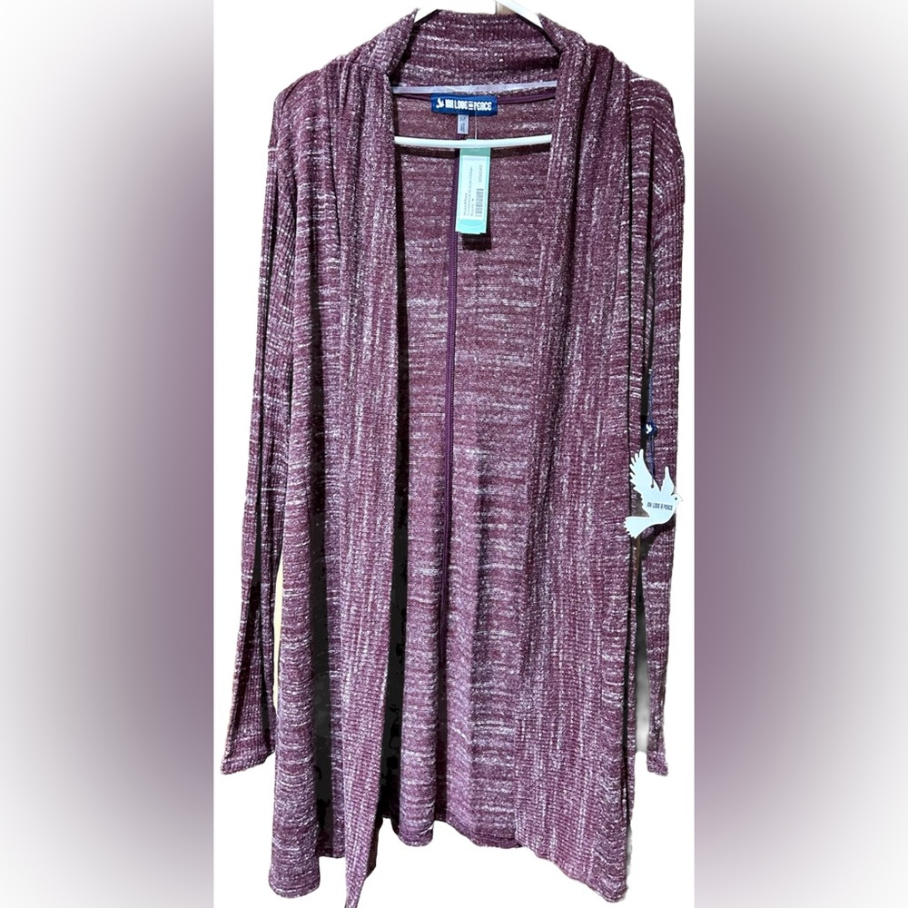 Ink Love and Peace Cardigan Open Front Sweater Size Medium Burgundy Maroon NEW